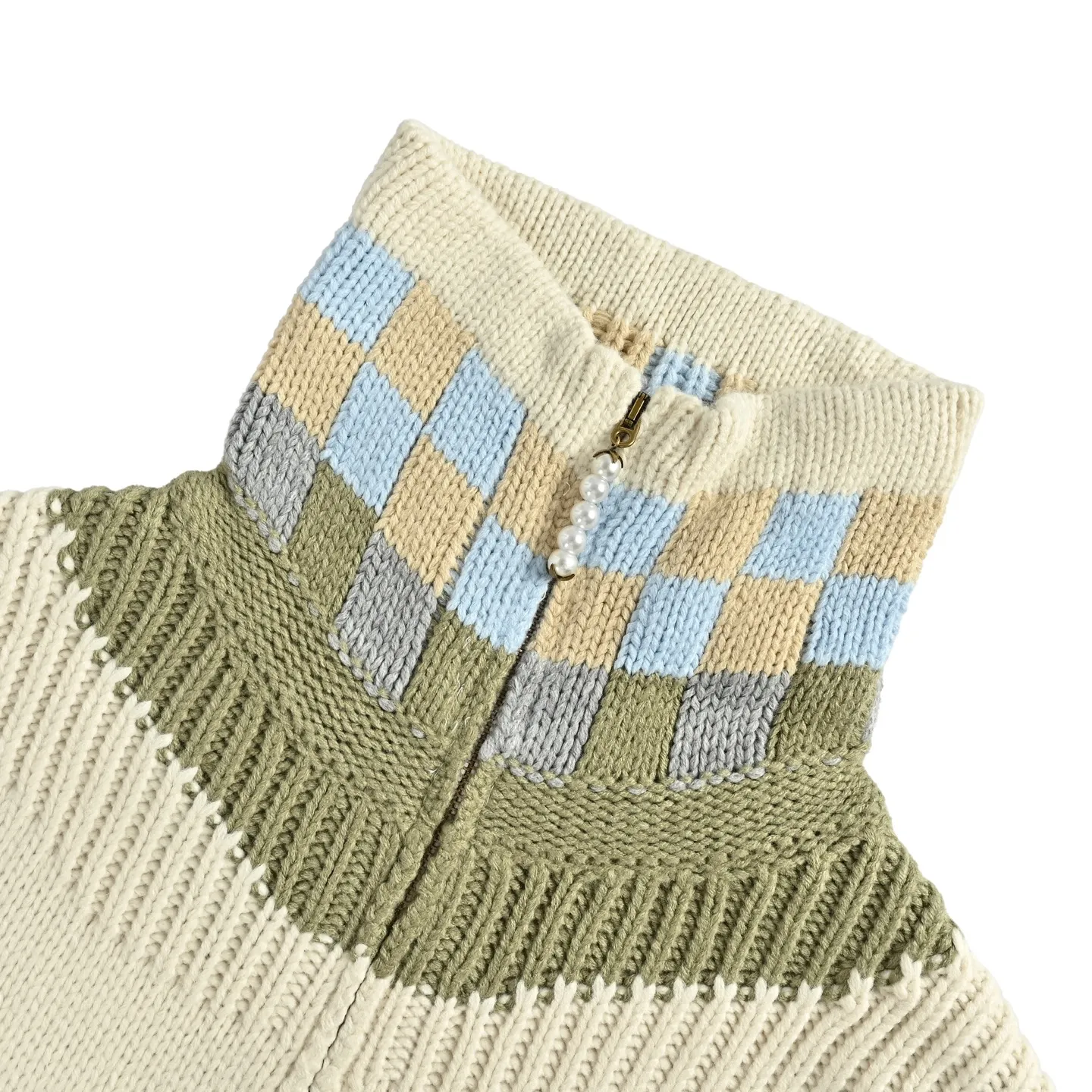 Louis Vuitton/Louis Vuitton leather checkerboard intarsia stand-up collar sweater jacket